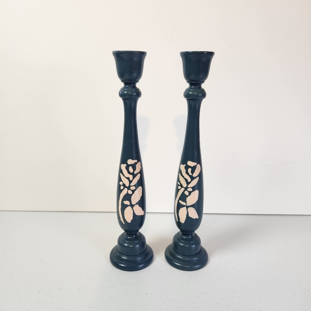 Hand Painted Wooden Candle Holders Colonial Blue Vintage Country Farmhouse Decor